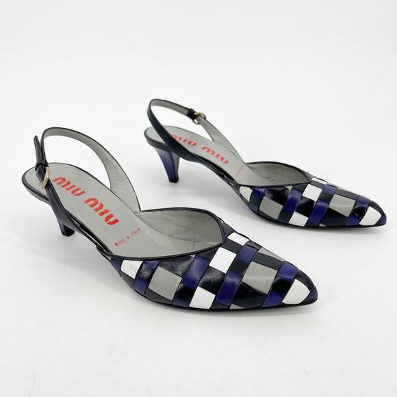 Miu Miu Vintage Black White Purple Woven Leather Slingback Kitten Heel IT 38.5 - Picture 1 of 10